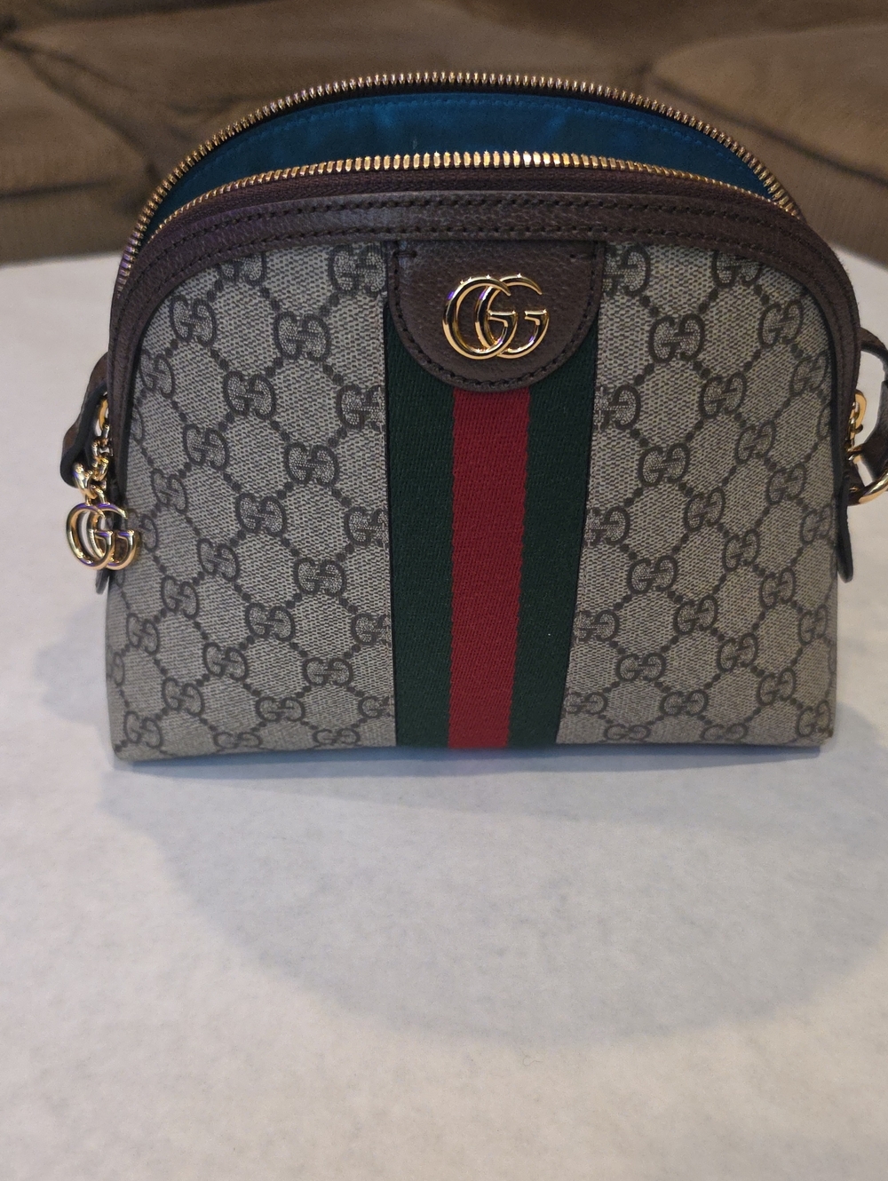 Gucci Beige Brown GG Supreme Crossbody with Green and Red Web Stripe